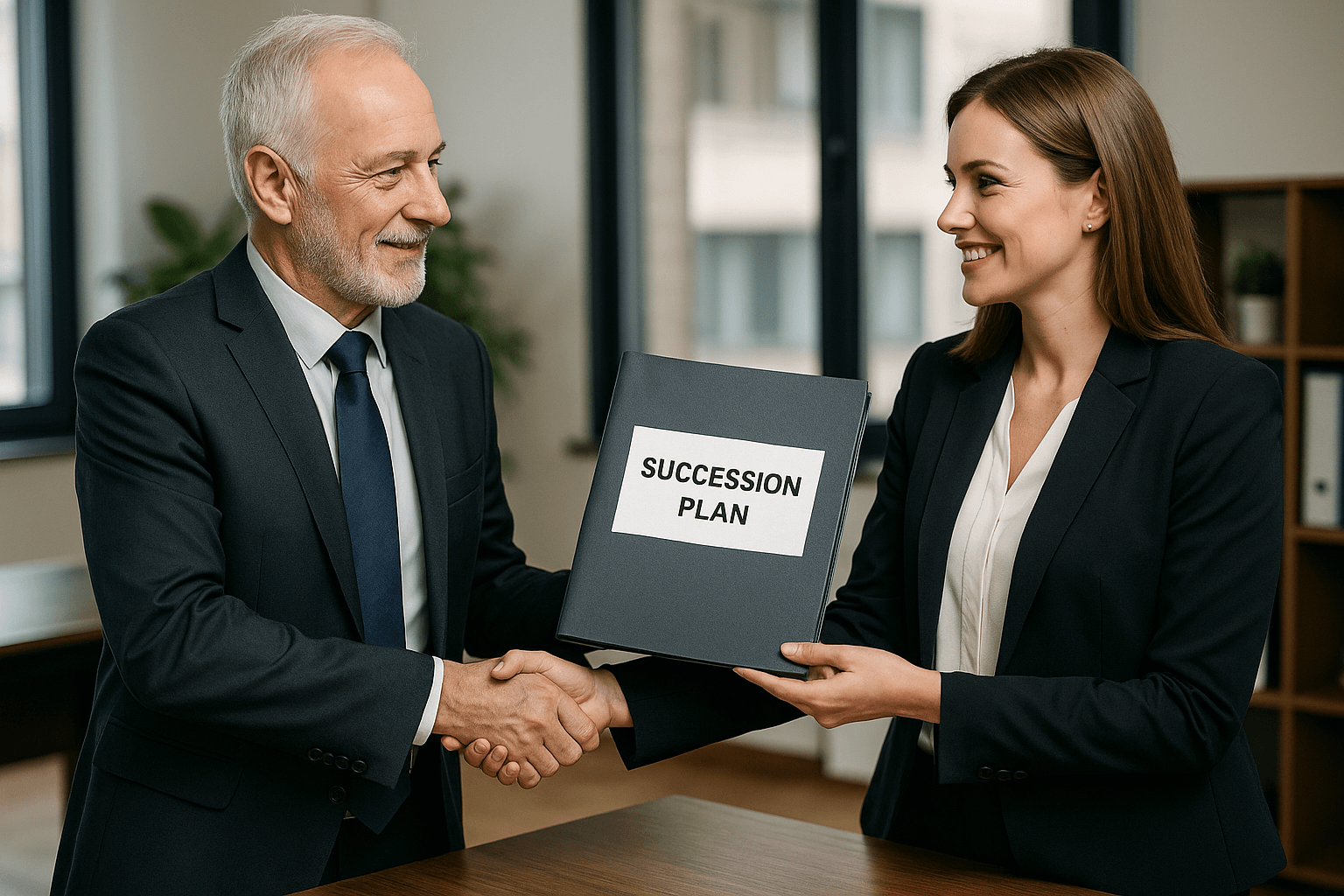two professionally dressed businesspeople in a modern office, one handing over a folder labeled 'Succession Plan' to the other, with a handshake and subtle smiles — symbolizing smooth business transition, natural lighting, warm tone.