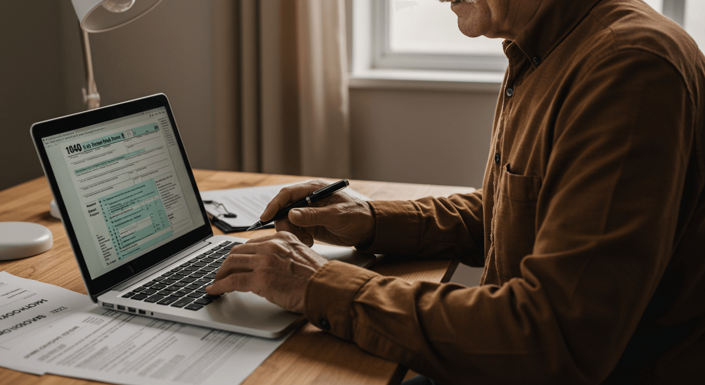 Senior individual calculating federal taxes on a laptop with a highlighted 1040 form and documents labeled 'Charitable Donations — calm and focused atmosphere.