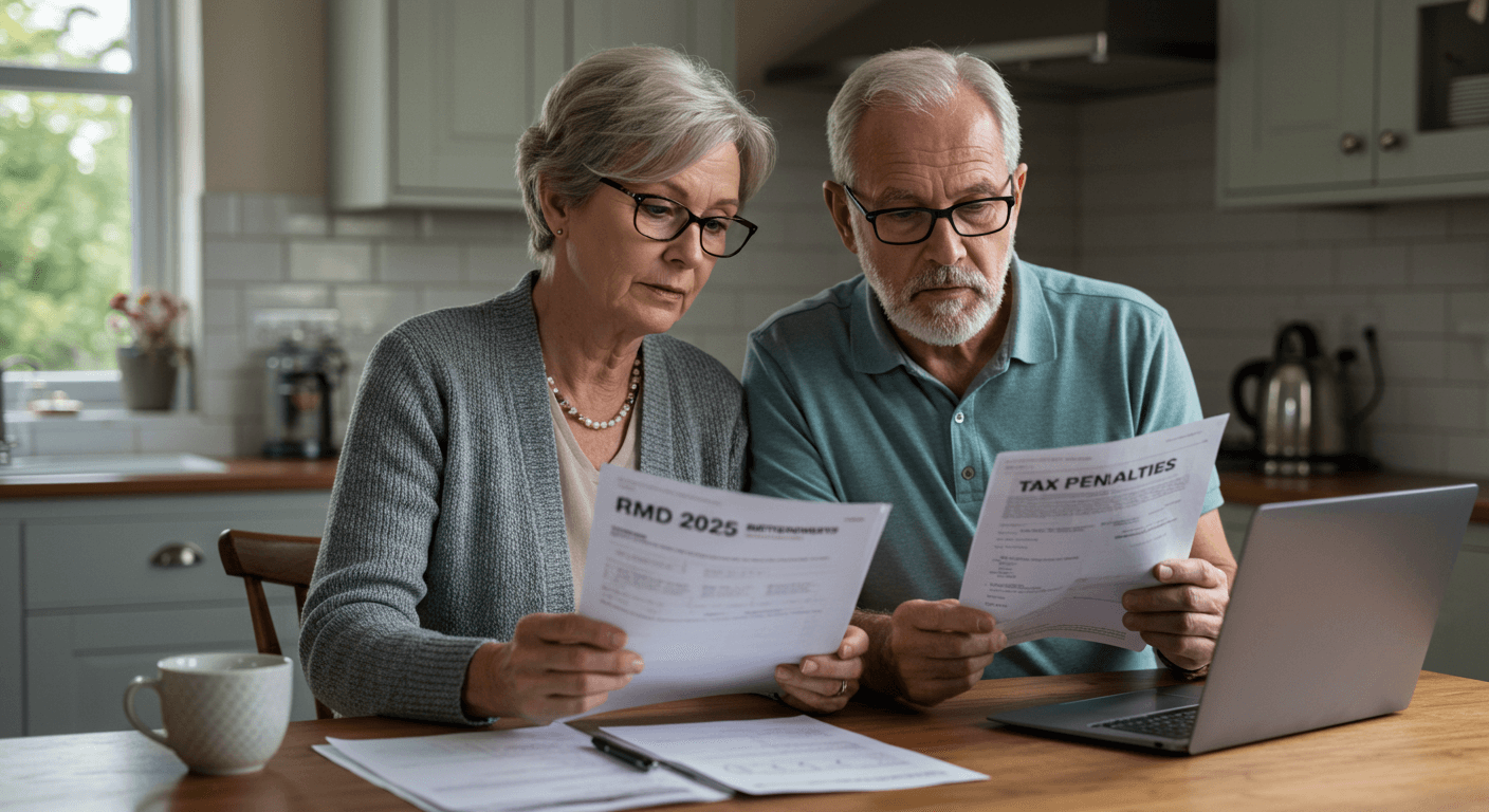 A mature couple sitting at a kitchen table, looking at retirement documents and a laptop together, with papers labeled 'RMD 2025' and 'Tax Penalties' — natural daylight, casual yet concerned expressions