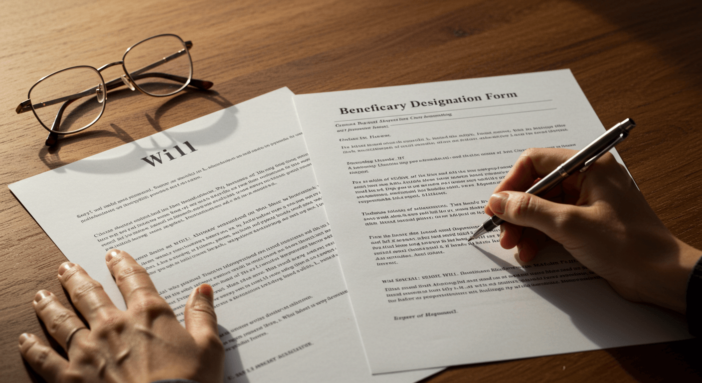 desk with two documents side by side: one labeled 'Will' and the other 'Beneficiary Designation Form'. A hand is about to sign one of them, with reading glasses and a pen nearby — warm lighting, calm setting.