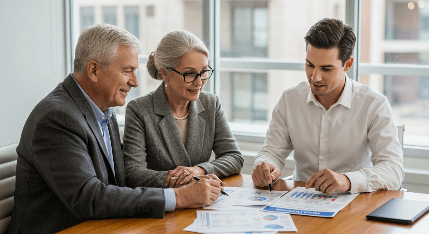 An older couple speaking with a financial advisor in a sleek modern office, with charts and documents open showing Medicare premiums and IRMAA brackets — professional and focused atmosphere.