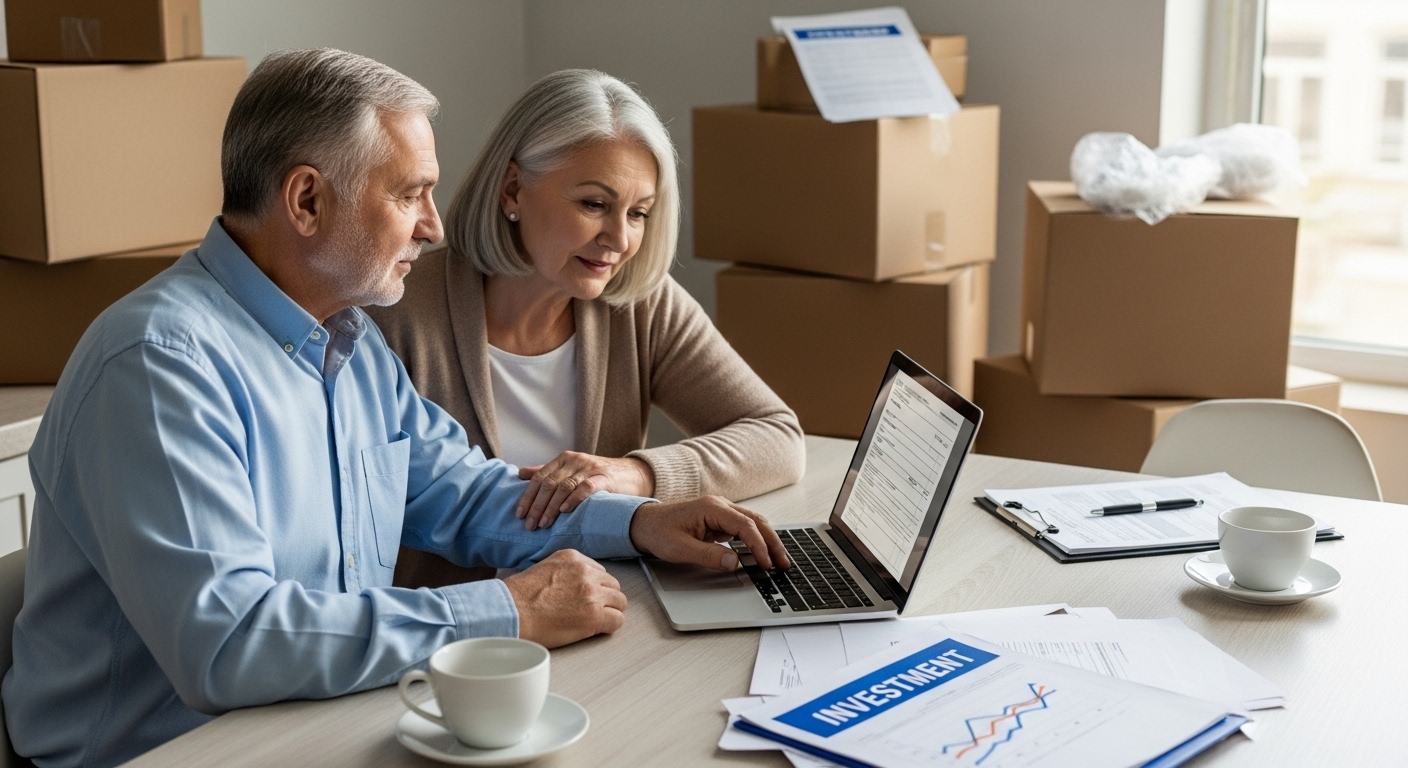 A realistic image of an older couple sitting at a kitchen table with a laptop open to a tax document, surrounded by moving boxes. Papers and coffee mugs are on the table, suggesting they’re planning a move and reviewing tax impacts.