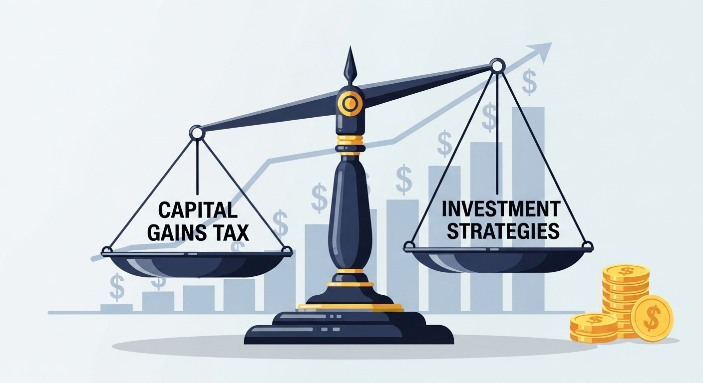 A sleek, modern financial-themed illustration depicting a balance scale with 'Capital Gains Tax' on one side and 'Investment Strategies' on the other, set against a backdrop of ascending bar graphs and dollar symbols, emphasizing the concept of reducing tax burdens through smart investing.